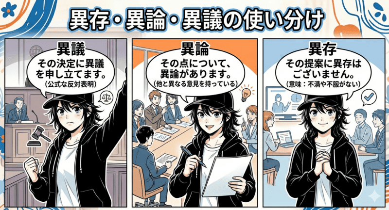 異存・異論・異議の使い分けをイメージした画像