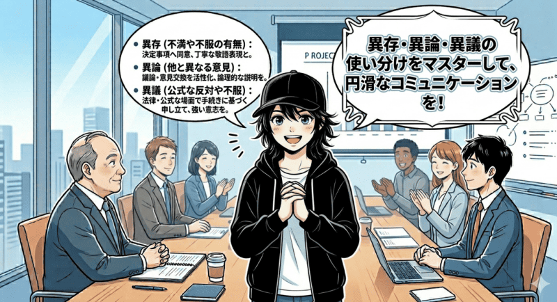 異存・異論・異議の使い分けをマスターして、円滑なコミュニケーションを！をイメージした画像