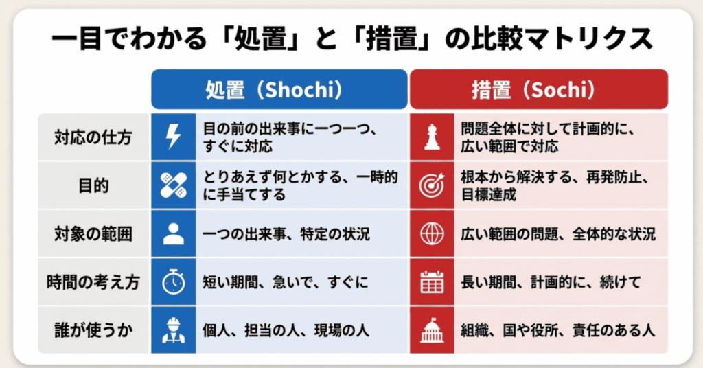 比較表で理解する「処置」と「措置」の決定的な違い