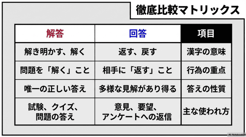 「回答」と「解答」の使い分けをイメージした画像