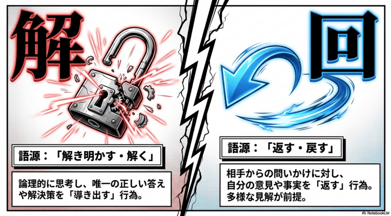 「回答」と「解答」の語源から紐解く本質的な意味の違いをイメージした画像