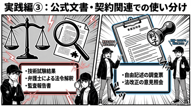 公式文書・契約関連での使い分けをイメージした画像