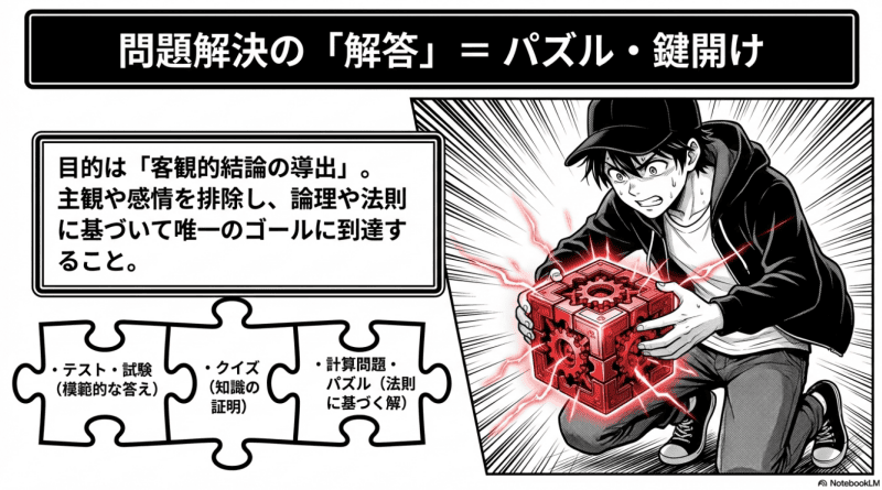 目的が「問題解決・客観的結論の導出」の場合：「解答」を使用をイメージした画像