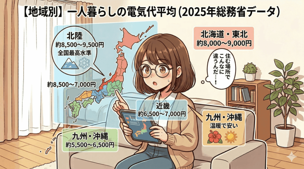 【地域別】一人暮らしの電気代平均（2025年総務省データ）をイメージした画像