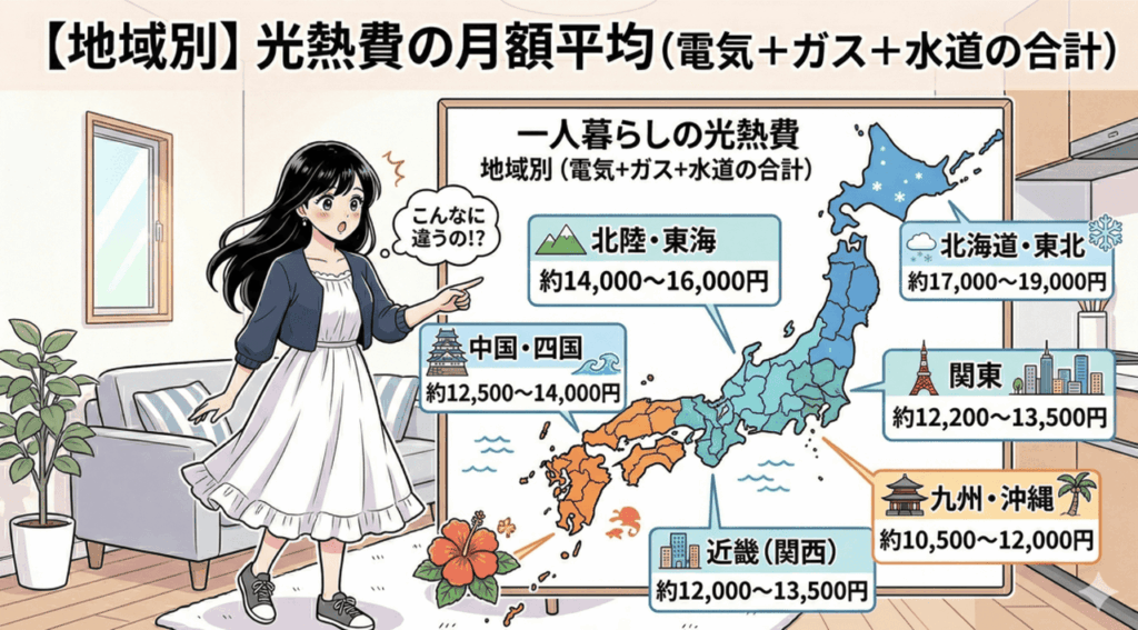 【地域別】光熱費の月額平均（電気＋ガス＋水道の合計）をイメージした画像