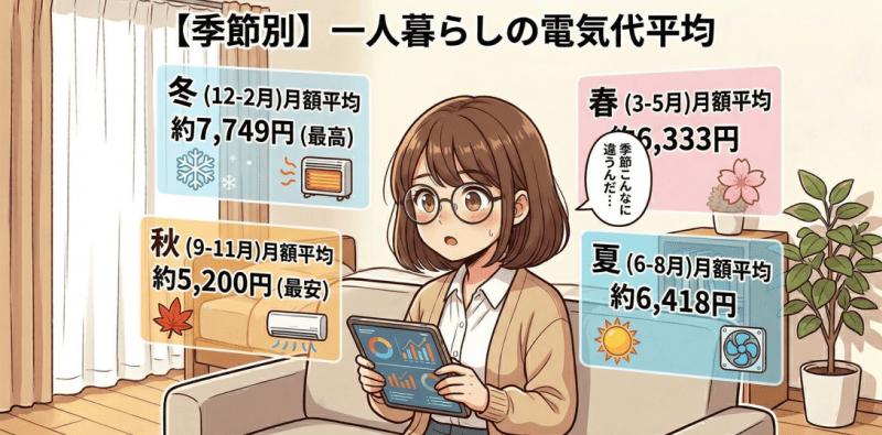 【季節別】一人暮らしの電気代平均をイメージした画像