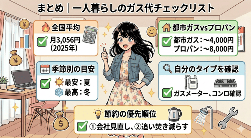 まとめ｜一人暮らしのガス代チェックリストをイメージした画像