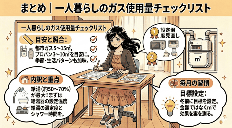 まとめ｜一人暮らしのガス使用量チェックリストをイメージした画像