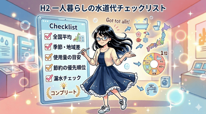 一人暮らしの水道代チェックリストをイメージした画像