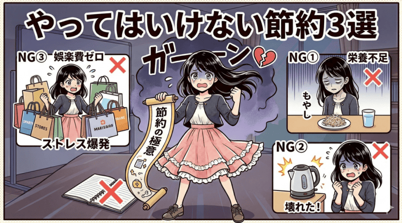 やってはいけない節約3選をイメージした画像