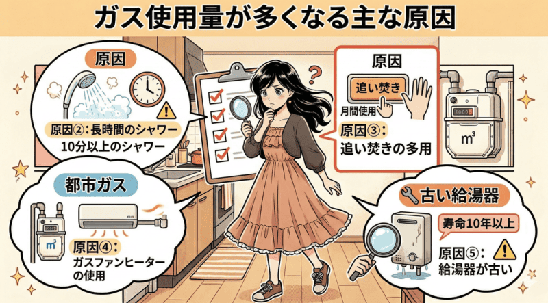 ガス使用量が多くなる主な原因をイメージした画像