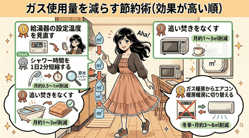 ガス使用量を減らす節約術（効果が高い順）をイメージした画像