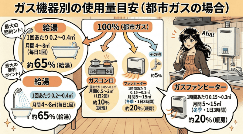 ガス機器別の使用量目安（都市ガスの場合）をイメージした画像