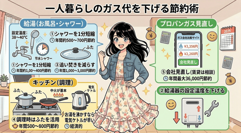 一人暮らしのガス代を下げる節約術をイメージした画像