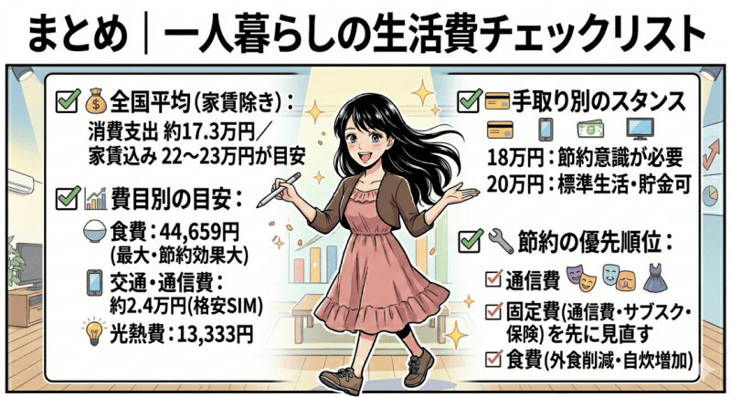 一人暮らしの生活費チェックリストをイメージした画像