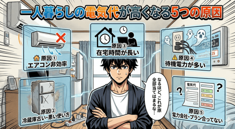 一人暮らしの電気代が高くなる5つの原因をイメージした画像