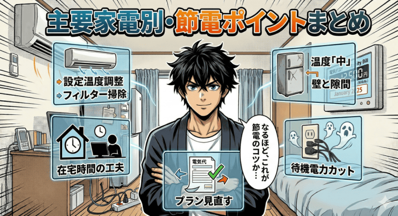 主要家電別・節電ポイントまとめをイメージした画像