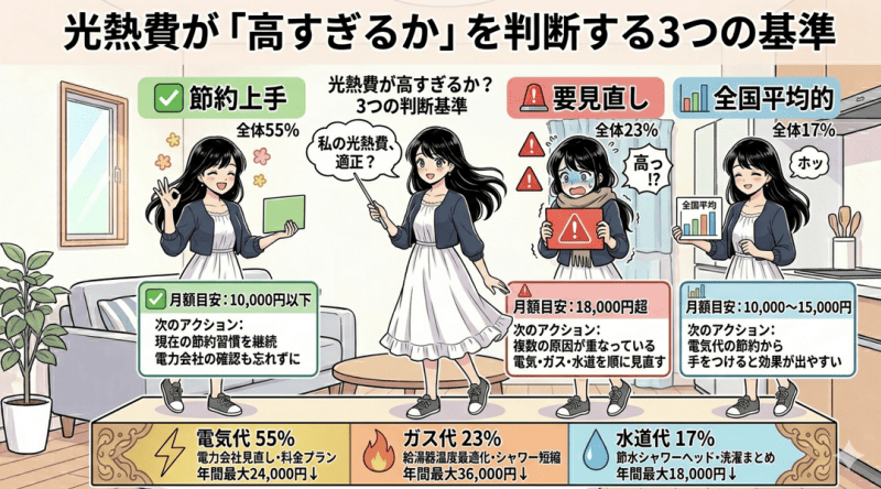 光熱費が「高すぎるか」を判断する3つの基準をイメージした画像