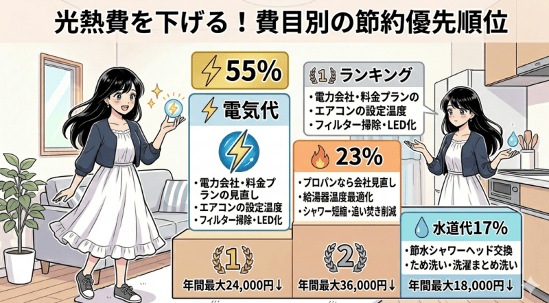 光熱費を下げる！費目別の節約優先順位をイメージした画像