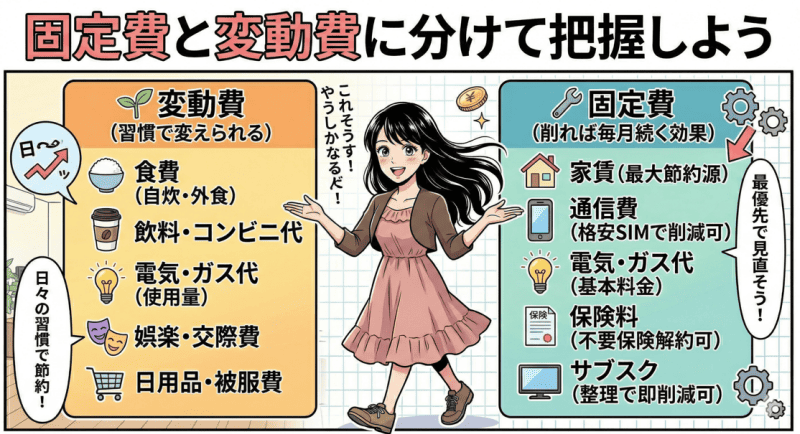 固定費と変動費に分けて把握しようをイメージした画像