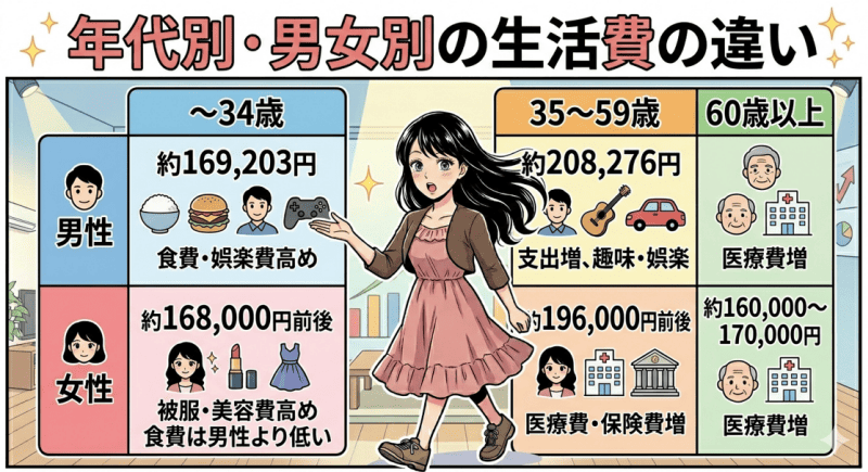 年代別・男女別の生活費の違いをイメージした画像