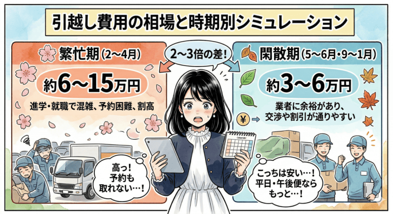 引越し費用の相場と時期別シミュレーションをイメージした画像