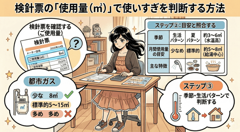 検針票の「使用量（㎥）」で使いすぎを判断する方法をイメージした画像