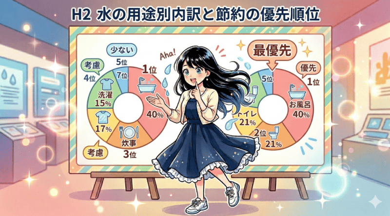 水の用途別内訳と節約の優先順位をイメージした画像