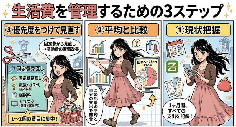 生活費を管理するための3ステップをイメージした画像