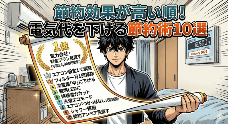 節約効果が高い順！電気代を下げる節約術10選をイメージした画像