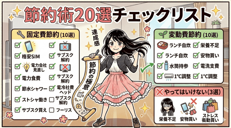 節約術20選チェックリストをイメージした画像