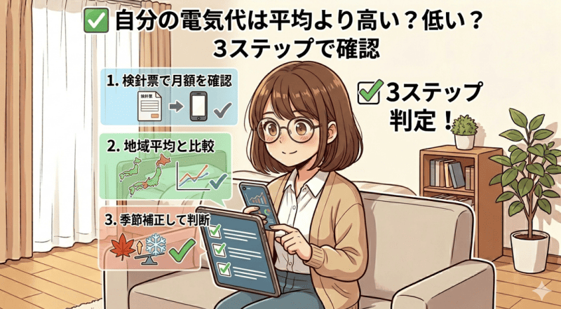 自分の電気代は平均より高い？低い？3ステップで確認をイメージした画像