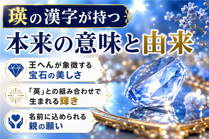 「瑛」という漢字が持つ本来の意味と由来を、王へんが象徴する宝石の美しさ、「英」との組み合わせで生まれる輝き、名前に込められる親の願いとともに表現した青い宝石の解説画像