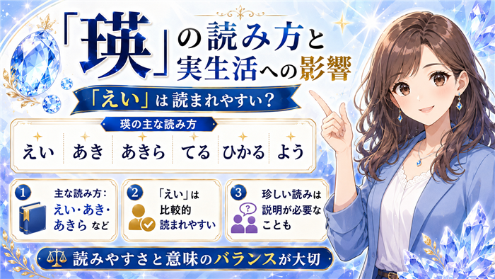 「瑛」という漢字の読み方が、えい・あき・あきら・てる・ひかる・ようなど複数あることと、実生活では読みやすさと意味のバランスが大切であることを女性キャラクターが解説している画像