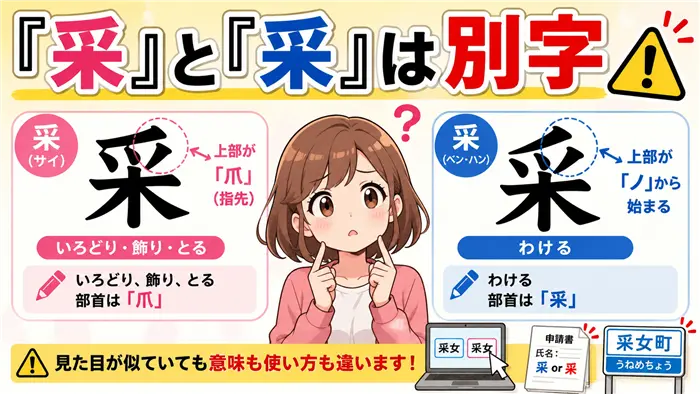 「采」と「釆」の違いをキャラクターが見比べている、別字の混同リスクをわかりやすく伝える画像