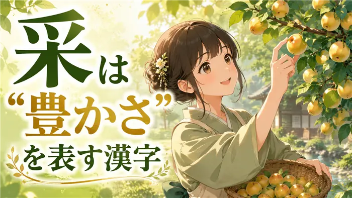 「采」の字源である木の実を摘み取る様子を、アニメ風キャラクターで表現した、豊かさと前向きな意味を伝える画像