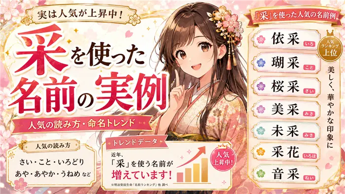 「采」を使った名前の実例や人気の読み方、命名トレンドを、キャラクターと名前一覧でわかりやすく紹介する画像