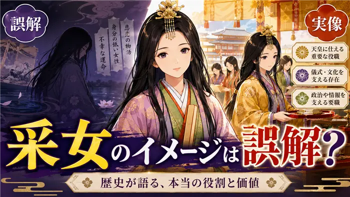 采女の負のイメージと実際の歴史的役割を比較しながら、誤解をわかりやすく伝える画像